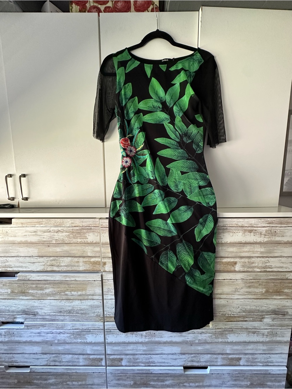 🌿 Desigual L Black Green Leaf Floral Embroidered Mesh Midi Dress
